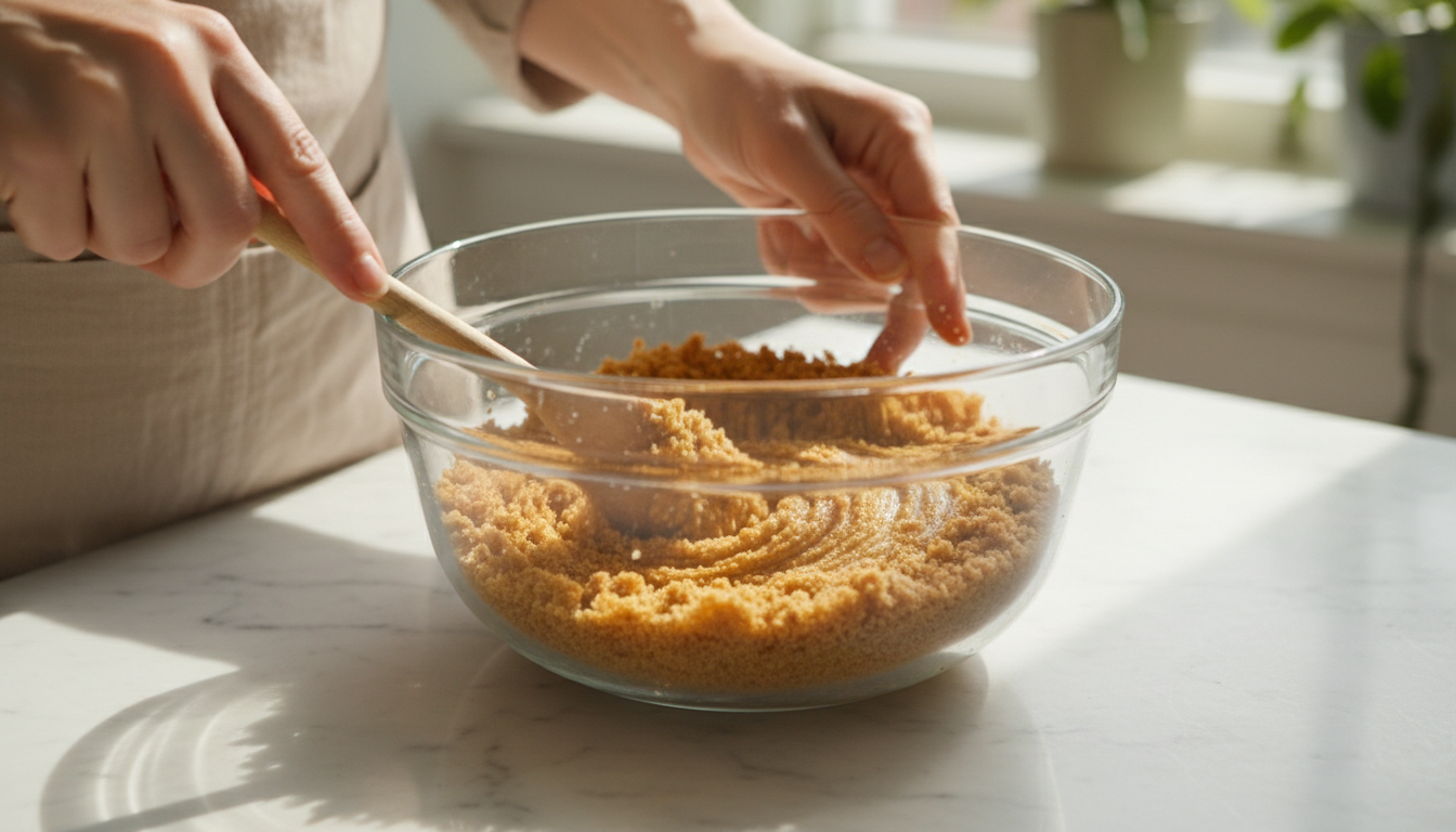 Base de galleta triturada con mantequilla derretida en un bol