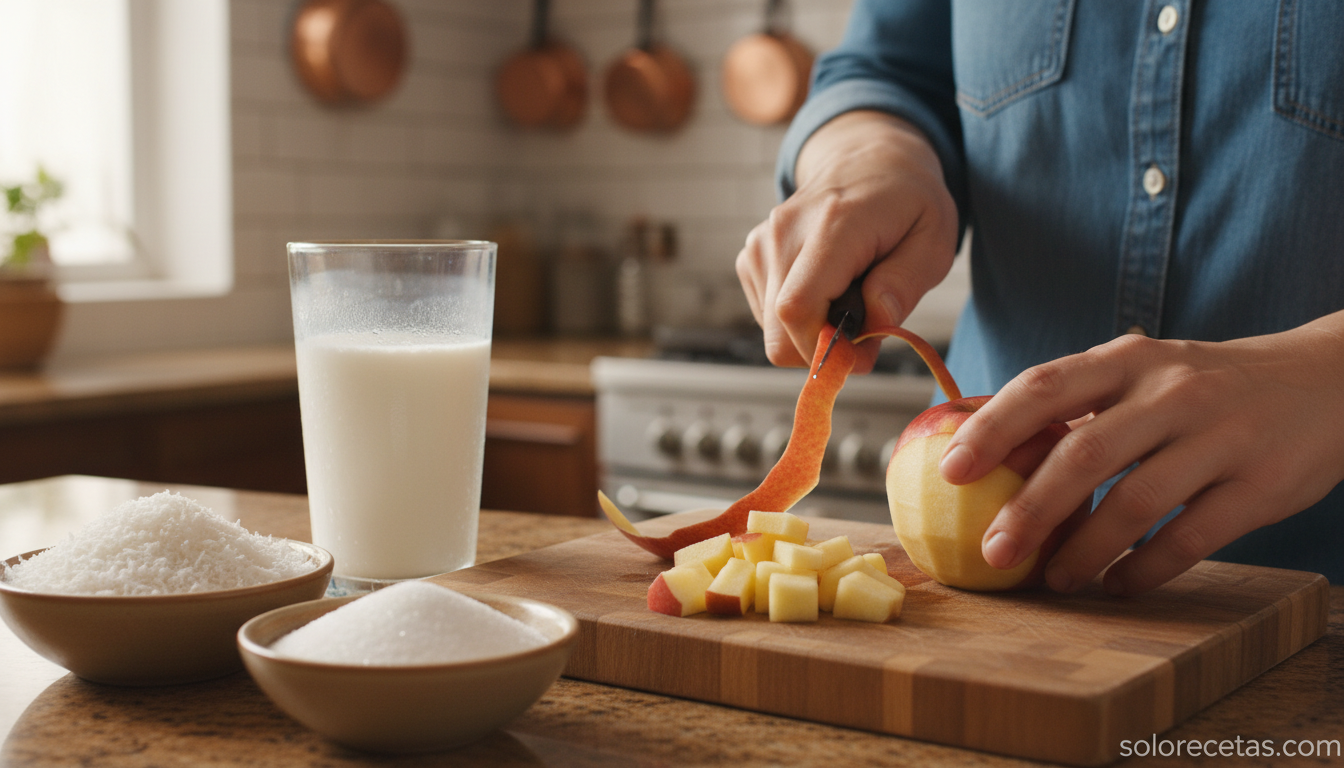 Manzanas peladas y troceadas junto a la leche y el coco rallado para hacer batido
