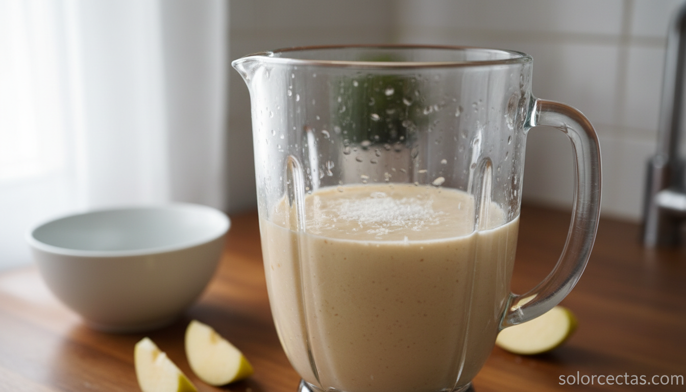 Batido de manzana cremoso recien triturado en el vaso de la batidora