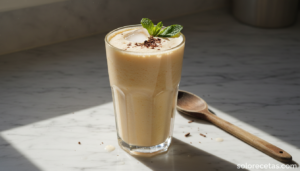 Batido de melón con chocolate blanco servido en copa con menta y virutas de chocolate