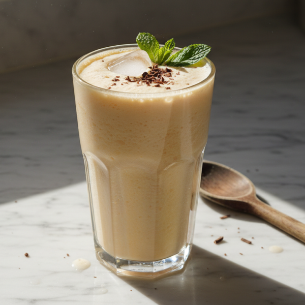 Batido de melón con chocolate blanco servido en copa con menta y virutas de chocolate