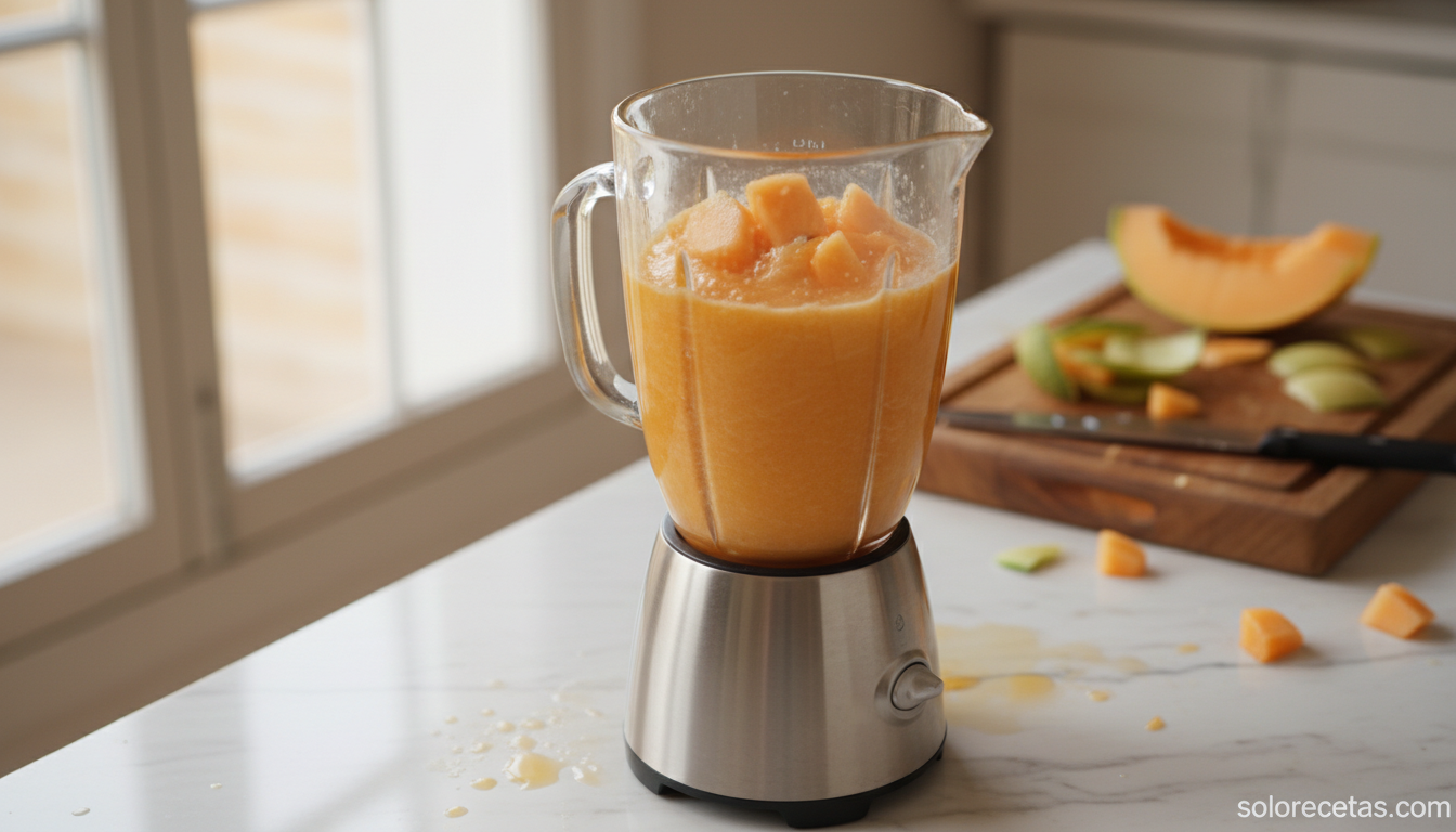 Batido de melón con chocolate blanco: receta fresca en 10 minutos 1 Trozos de melón triturandose en la batidora de vaso