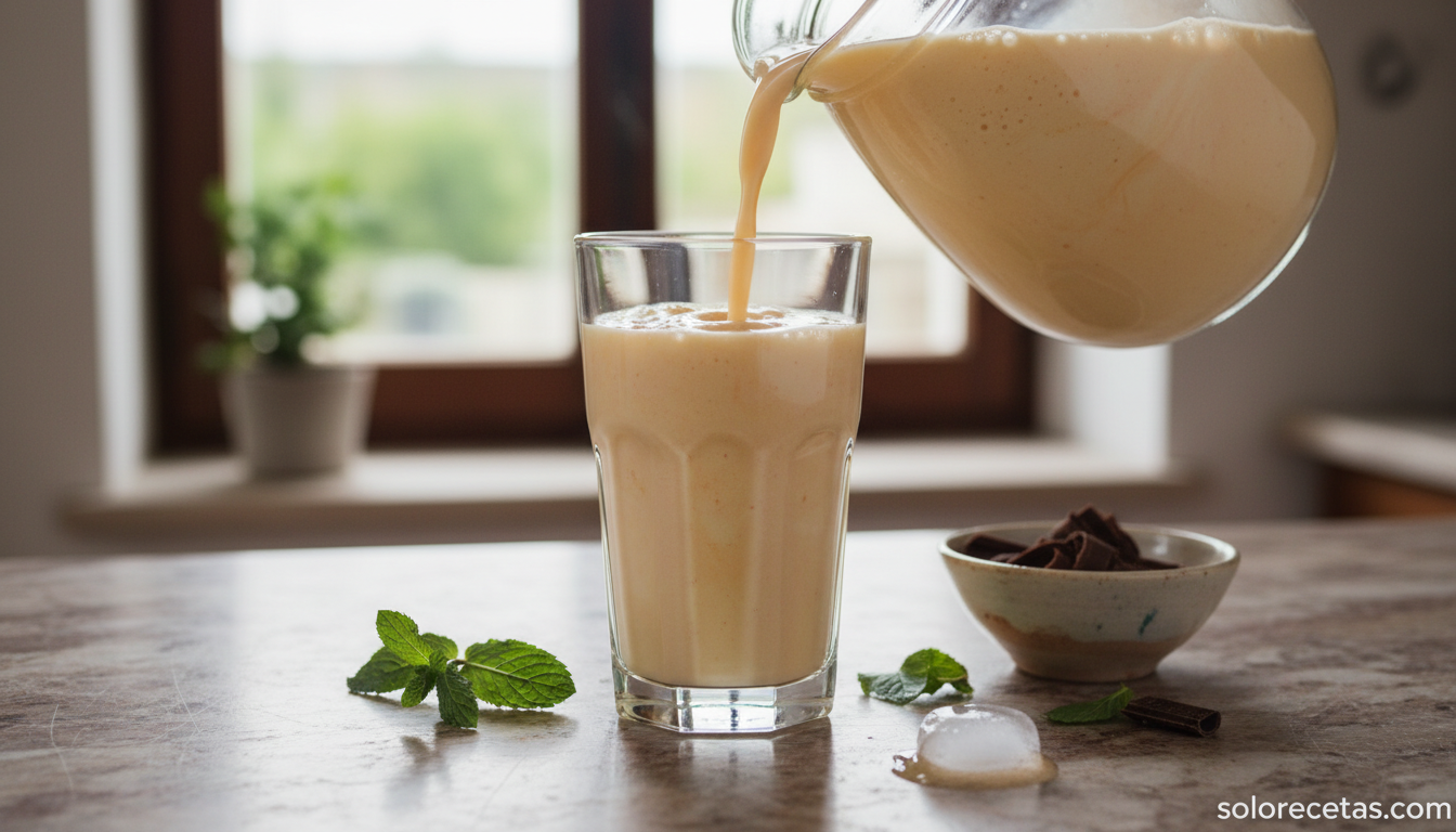 Batido de melón con chocolate blanco: receta fresca en 10 minutos 2 Sirviendo el batido de melón con chocolate blanco en copa alta con decoración