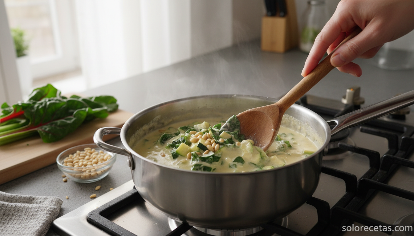 Croquetas de acelgas y calabacín: receta casera cremosa con piñones 2 Bechamel con acelgas y calabacin cocinandose en cazo
