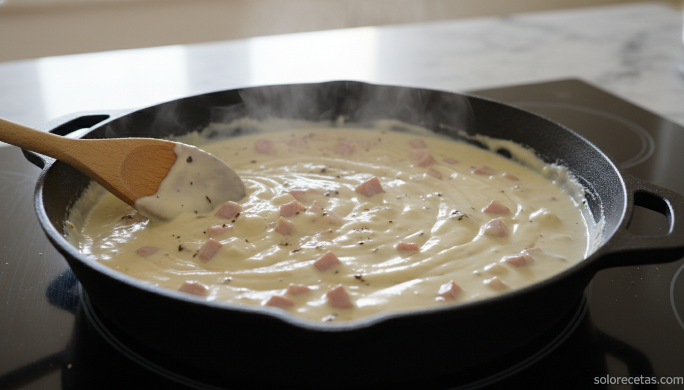 Bechamel con jamon iberico y trufa cociendose en sarten para croquetas de Navidad