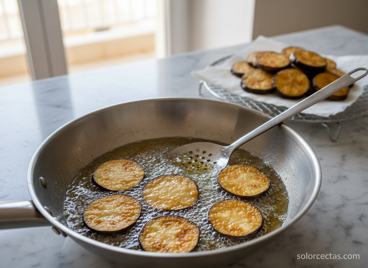 Berenjenas a las siete especias: receta tailandesa crujiente 3 Berenjenas friéndose en wok con aceite caliente y rejilla con escurridas