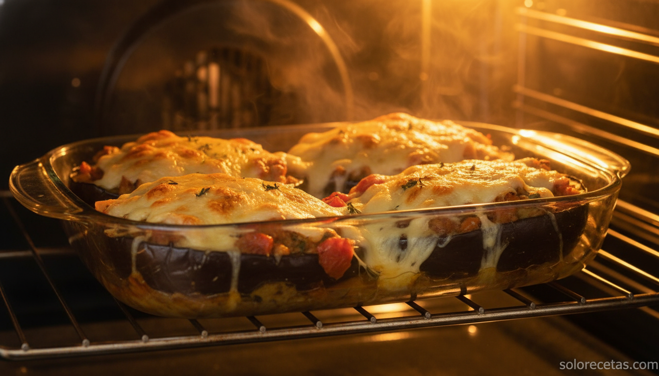 Bandeja de berenjenas en el horno con queso gratinando
