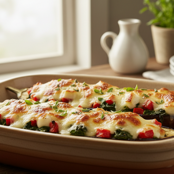 Berenjenas rellenas con espinacas y tomate gratinadas al horno