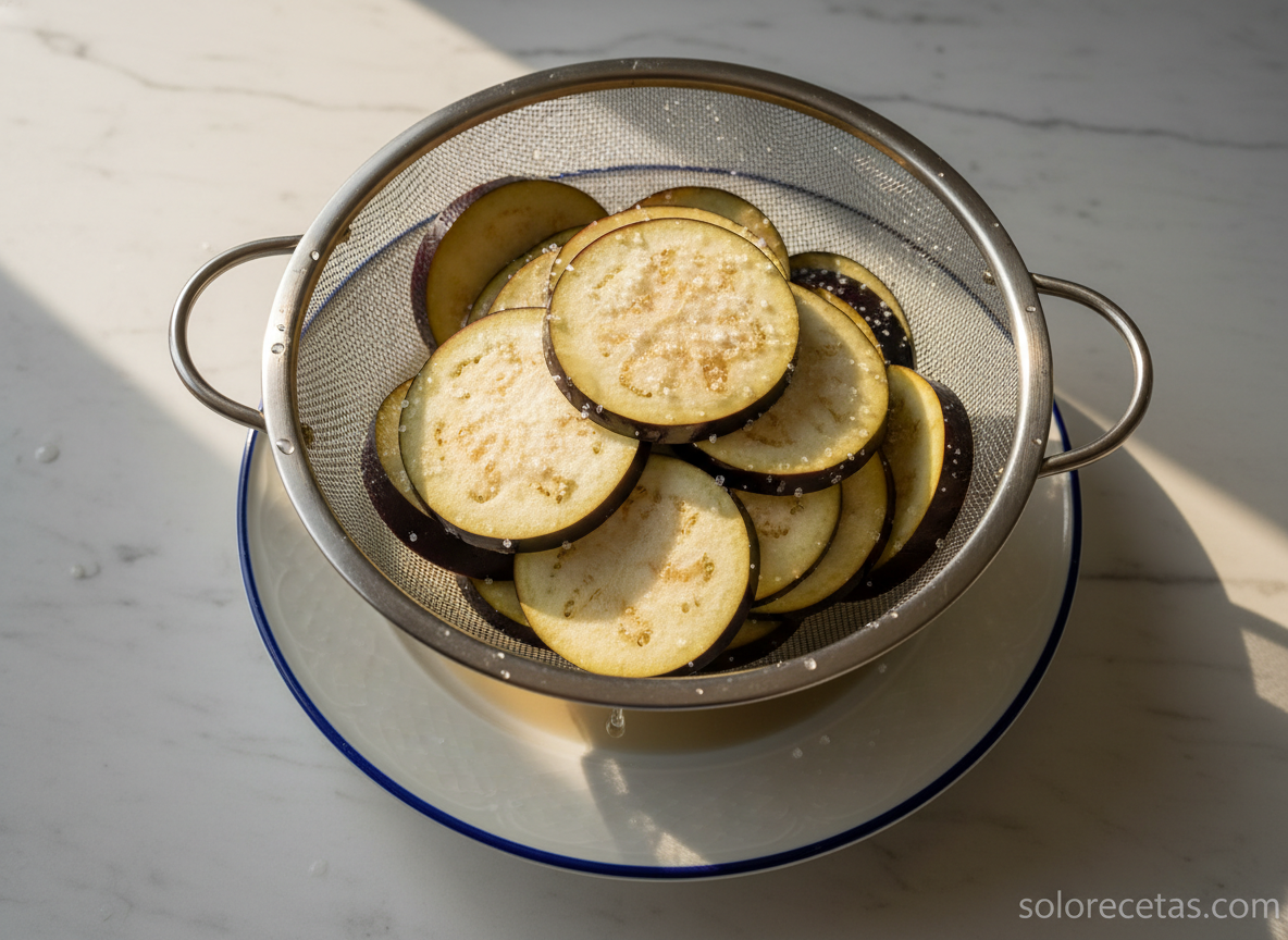 Berenjenas a las siete especias: receta tailandesa crujiente 1 Rodajas de berenjena con sal sudando agua en colador