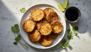 Berenjenas a las siete especias rebozadas crujientes en plato con lima y soja