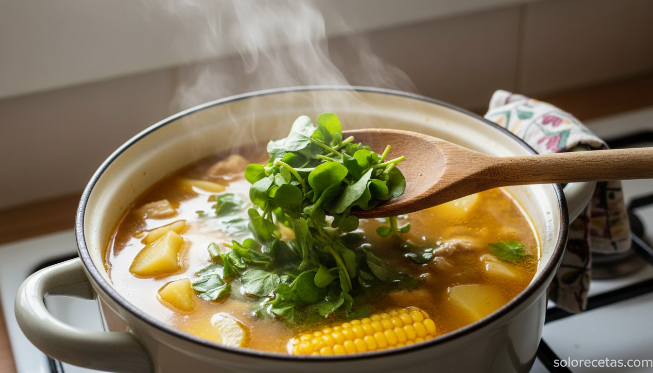 Caldo de berros canario: receta tradicional paso a paso 3 Berros frescos anadidos al caldo con pollo y papas