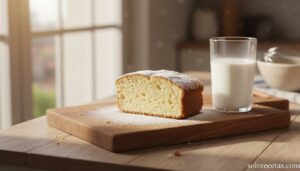 Rebanada de bizcocho de yogur esponjoso sobre tabla de madera
