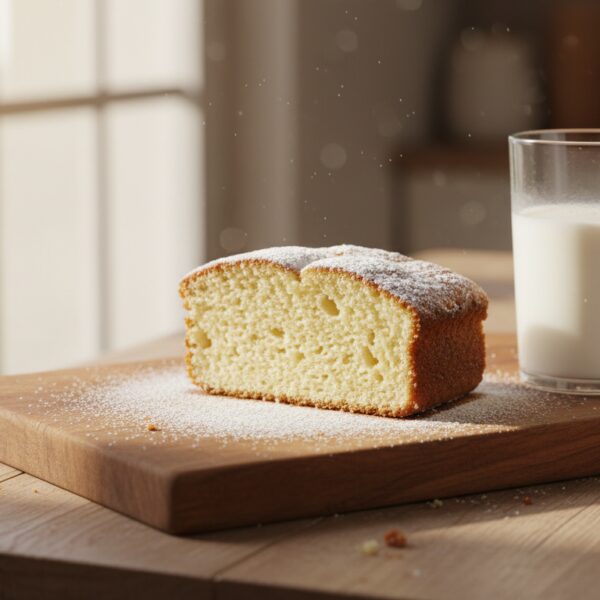 Rebanada de bizcocho de yogur esponjoso sobre tabla de madera