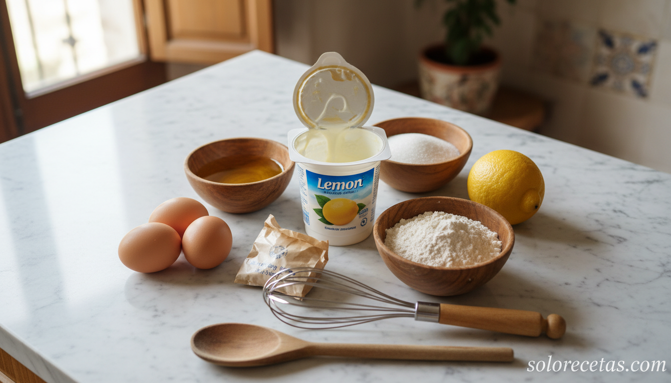 Bizcocho de yogur esponjoso: receta clásica con el vaso de medida 1 Ingredientes del bizcocho de yogur sobre encimera con vaso medidor