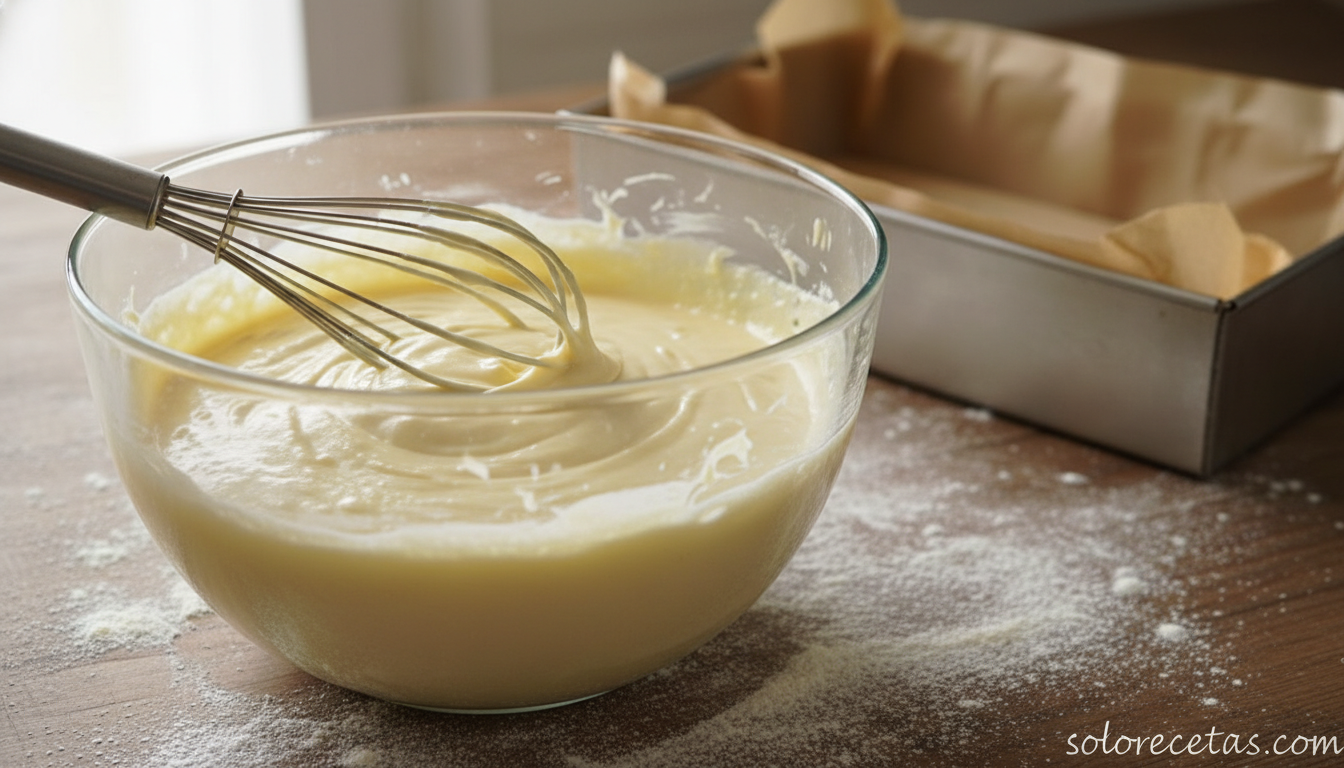 Bizcocho de yogur esponjoso: receta clásica con el vaso de medida 2 Masa del bizcocho de yogur lista en el bol antes de hornear