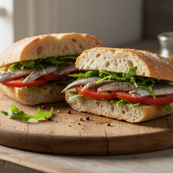 Bocadillo mediterráneo con anchoas, tomate y aceite de oliva en chapata