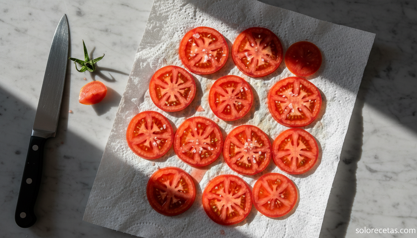 Bocadillo mediterráneo: receta fácil con anchoas, tomate y ajo 1 Rodajas finas de tomate maduro escurriendo sobre papel de cocina con sal Maldon