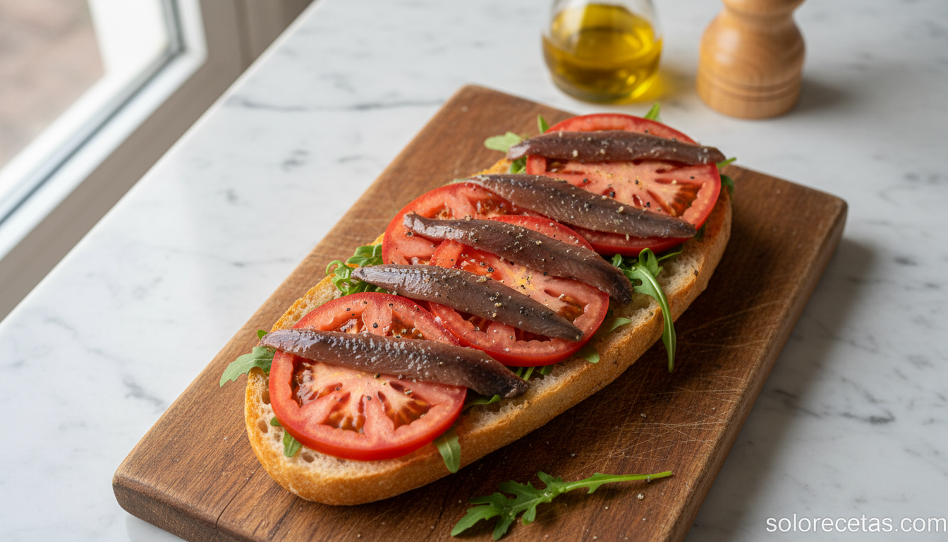 Bocadillo mediterráneo: receta fácil con anchoas, tomate y ajo 3 Bocadillo mediterráneo abierto mostrando capa de tomate, anchoas y rúcula