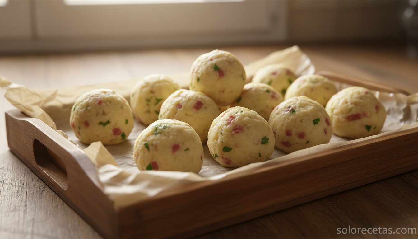 Bolitas formadas de masa de patata lista para freir los bocaditos