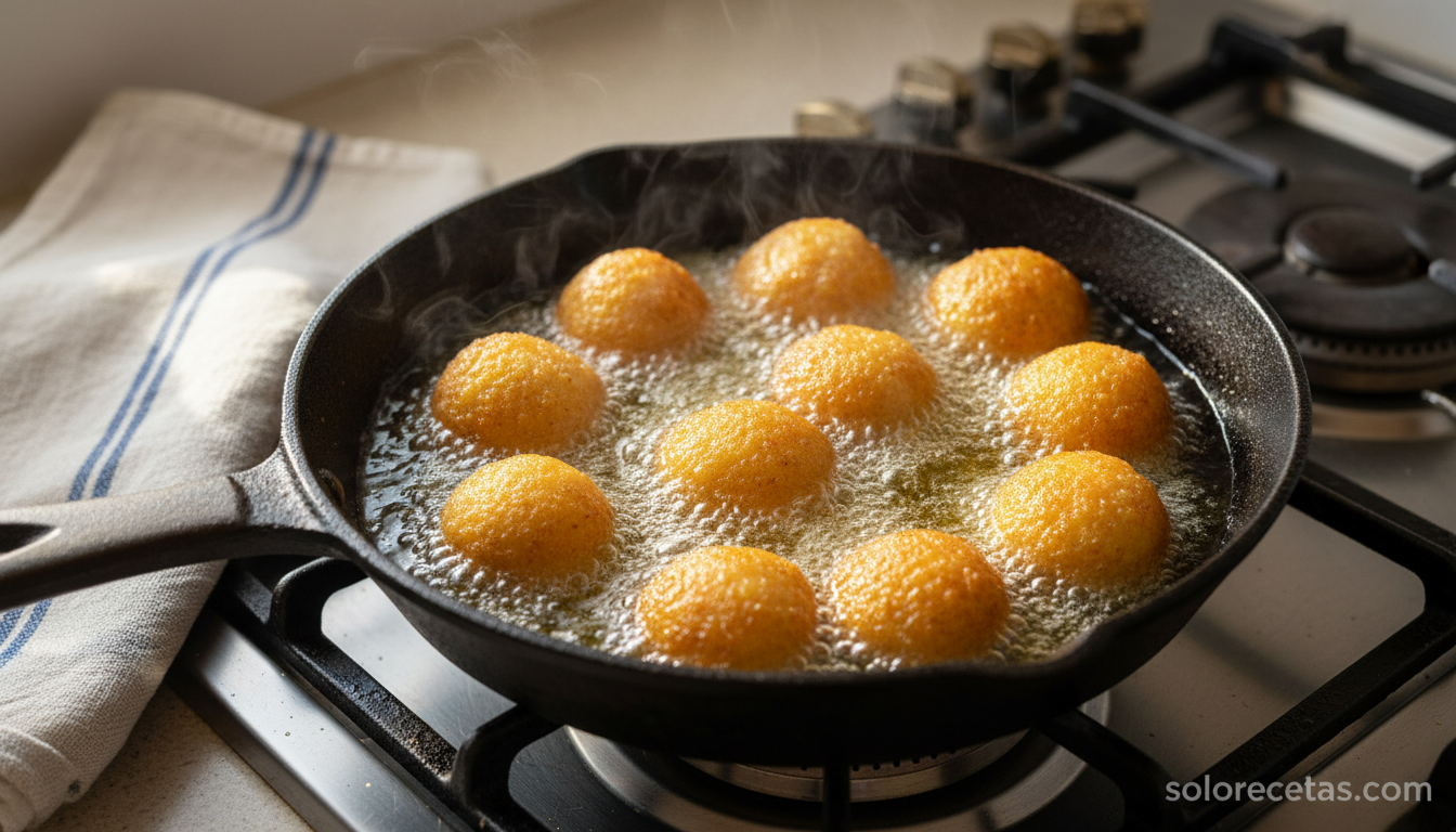 Bocaditos de patatas friendose en aceite de oliva caliente hasta dorarse