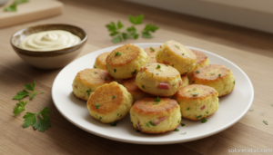 Bocaditos de patatas fritos dorados servidos en plato blanco con salsa alioli