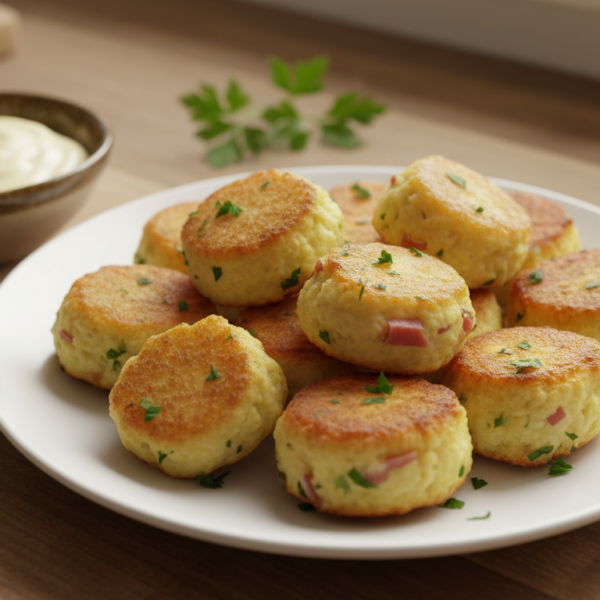 Bocaditos de patatas fritos dorados servidos en plato blanco con salsa alioli