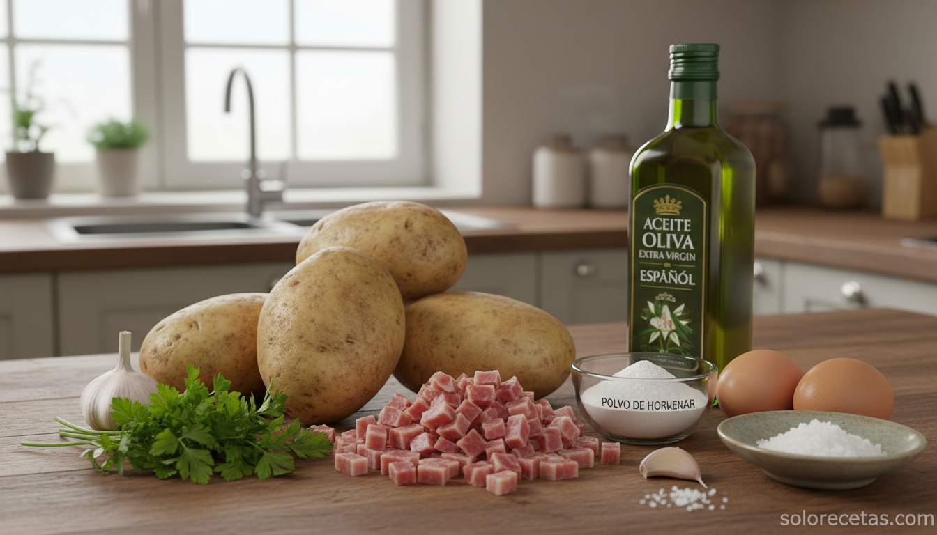 Ingredientes para bocaditos de patatas: patatas, jamon serrano, huevos, ajo y perejil sobre encimera de madera