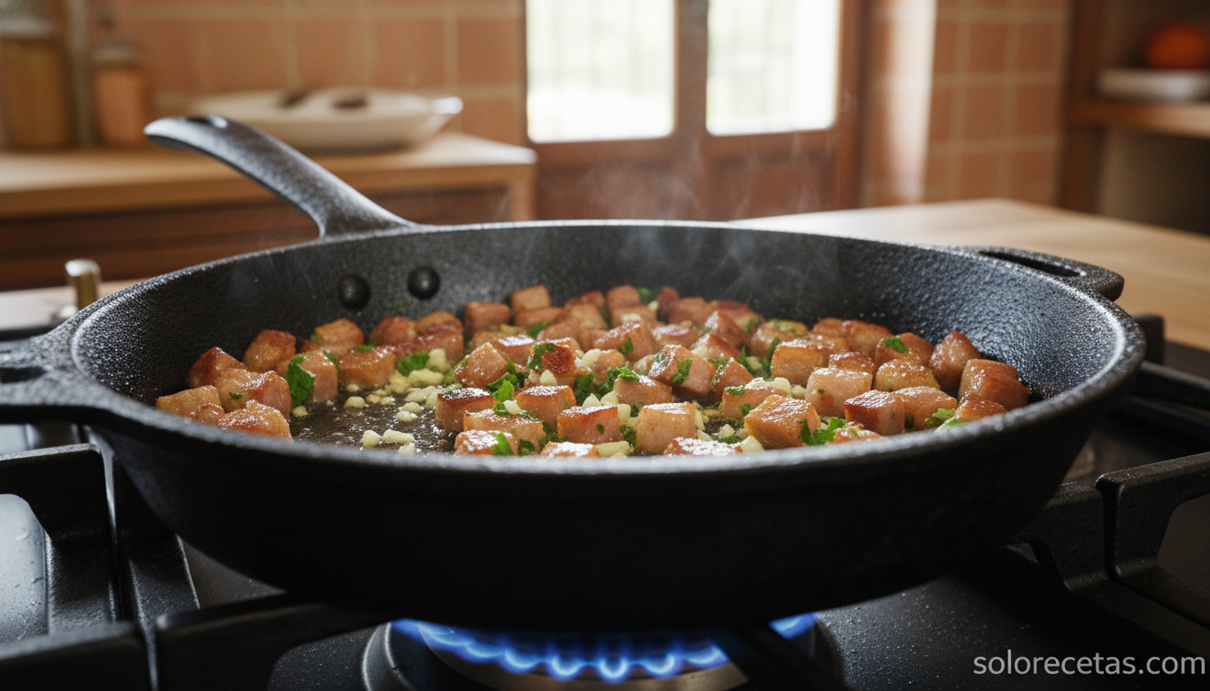 Jamon serrano dorandose en sarten con ajo y perejil para los bocaditos de patatas