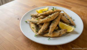 Boquerones al tomillo fritos servidos con limon