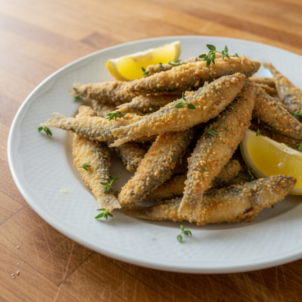 Boquerones al tomillo fritos servidos con limon