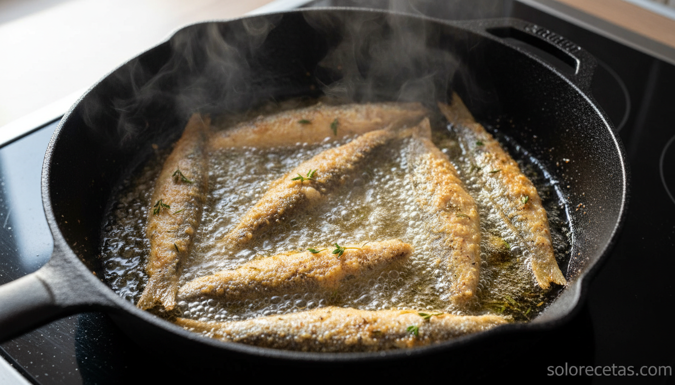 Boquerones friendose en aceite de oliva caliente con tomillo