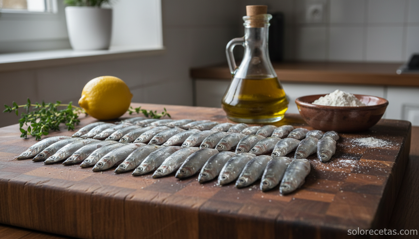 Ingredientes para boquerones al tomillo: pescado fresco, ramas de tomillo, limon y harina