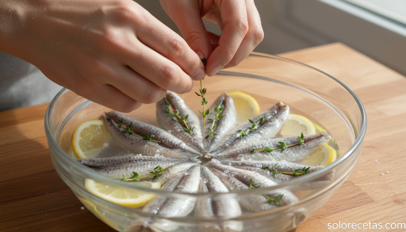 Boquerones marinandose con tomillo, sal y limon