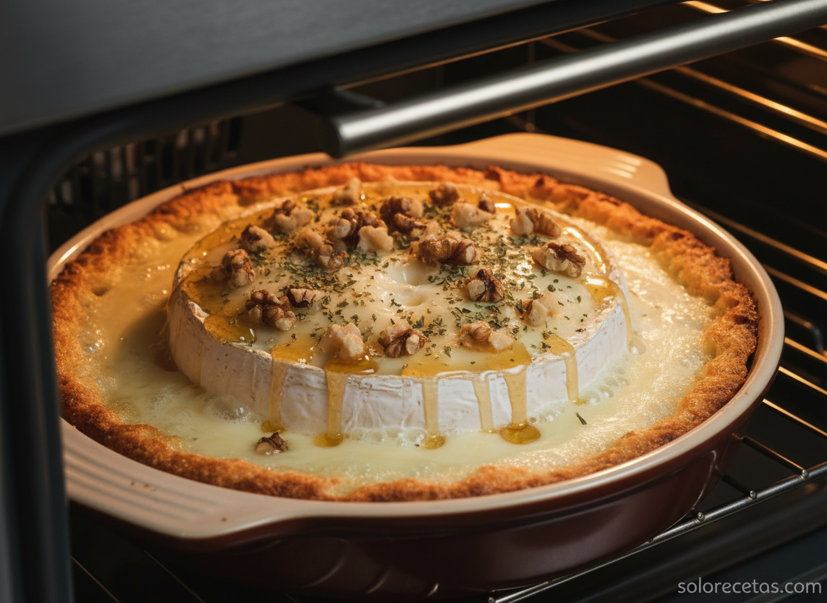 Queso brie al horno con nueces y miel, burbujeando y fundido