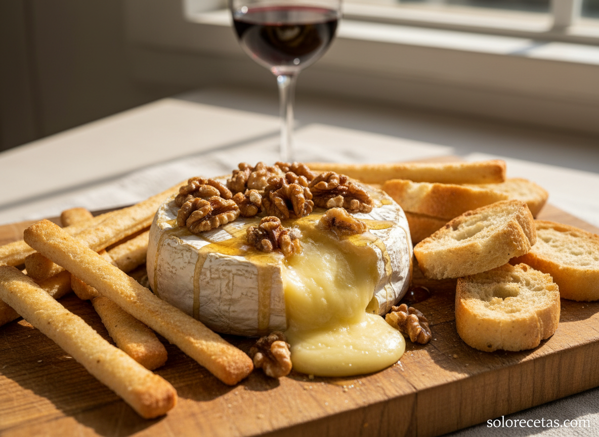 Brie al horno con nueces y miel servido con picos de pan y copa de vino