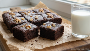 Brownies de chocolate clásicos cortados en cuadrados con nueces y azúcar glas