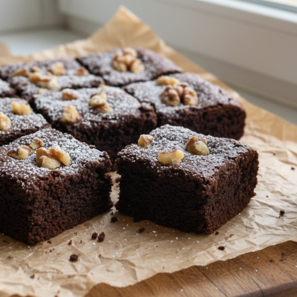 Brownies de chocolate clásicos cortados en cuadrados con nueces y azúcar glas
