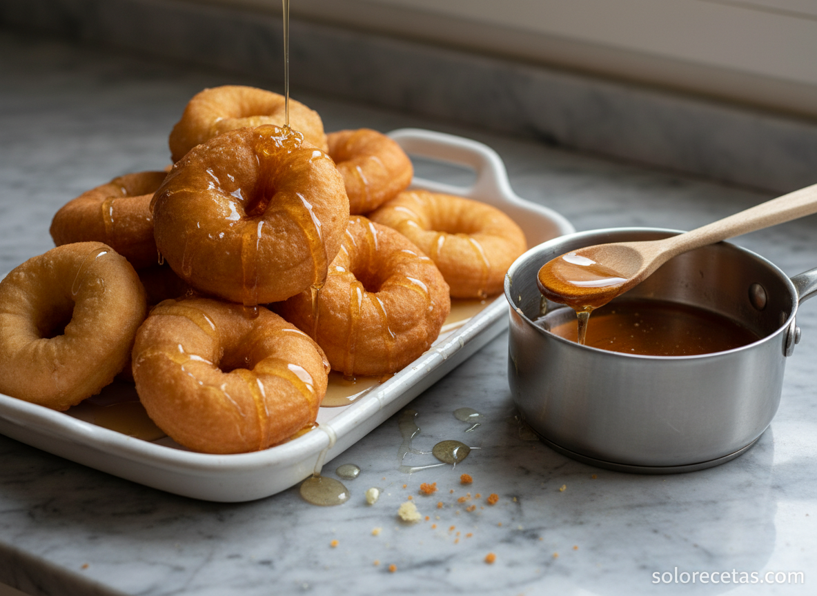 Buñuelos de Carnaval: receta tradicional crujiente y esponjosa 4 Buñuelos de Carnaval bañados en miel templada sobre bandeja de mármol