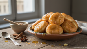 Buñuelos de Carnaval tradicionales con miel sobre plato rústico