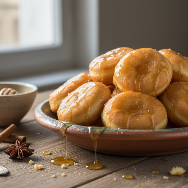 Buñuelos de Carnaval tradicionales con miel sobre plato rústico