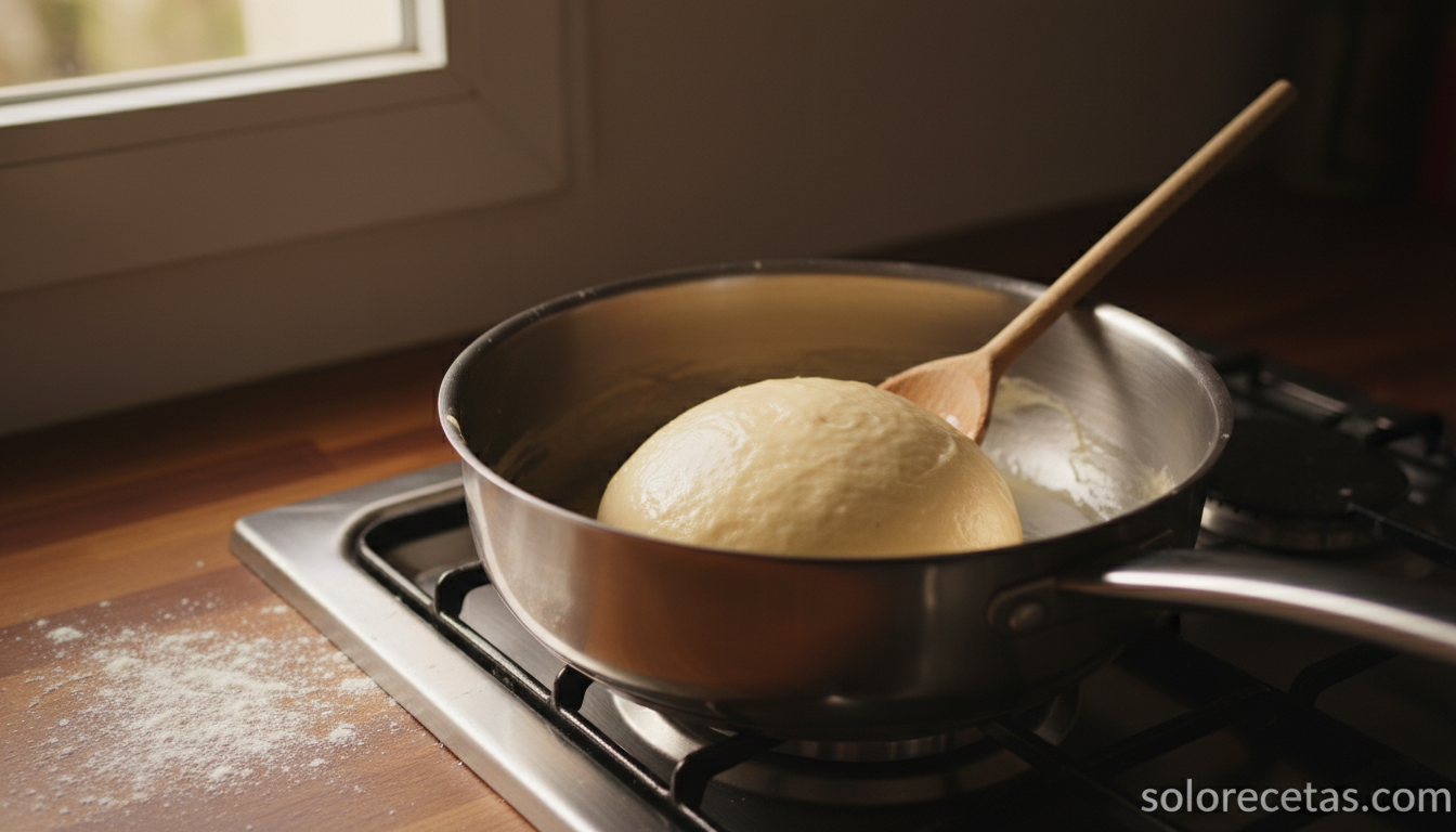 Masa choux lista en el cazo para hacer buñuelos de viento