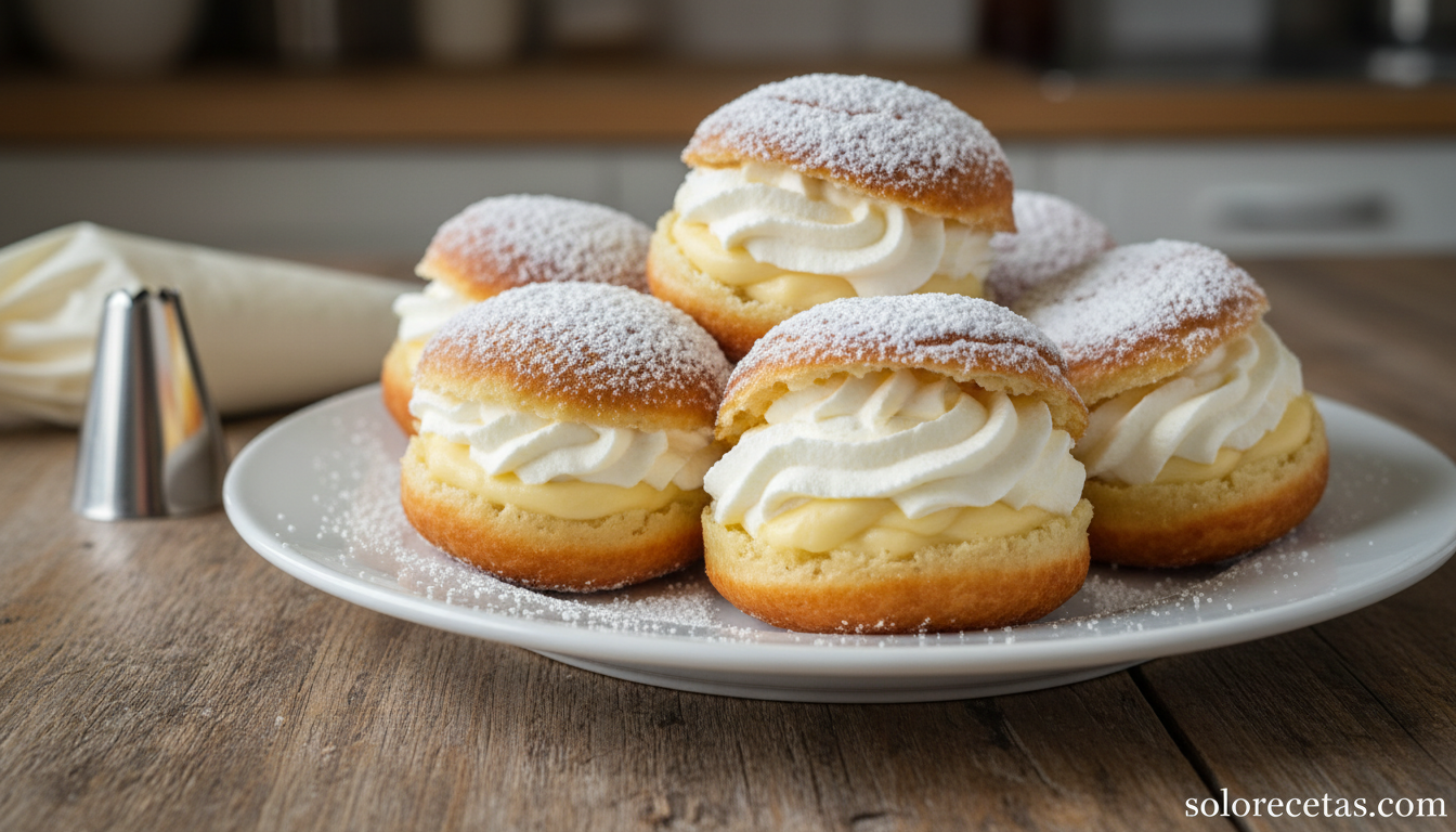 Buñuelos de viento rellenos de nata y crema pastelera espolvoreados con azúcar glass