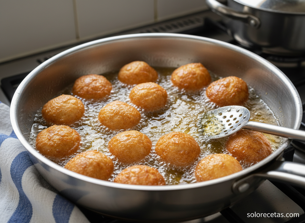 Buñuelos de Carnaval: receta tradicional crujiente y esponjosa 3 Buñuelos de Carnaval friéndose en aceite caliente con dorado intenso