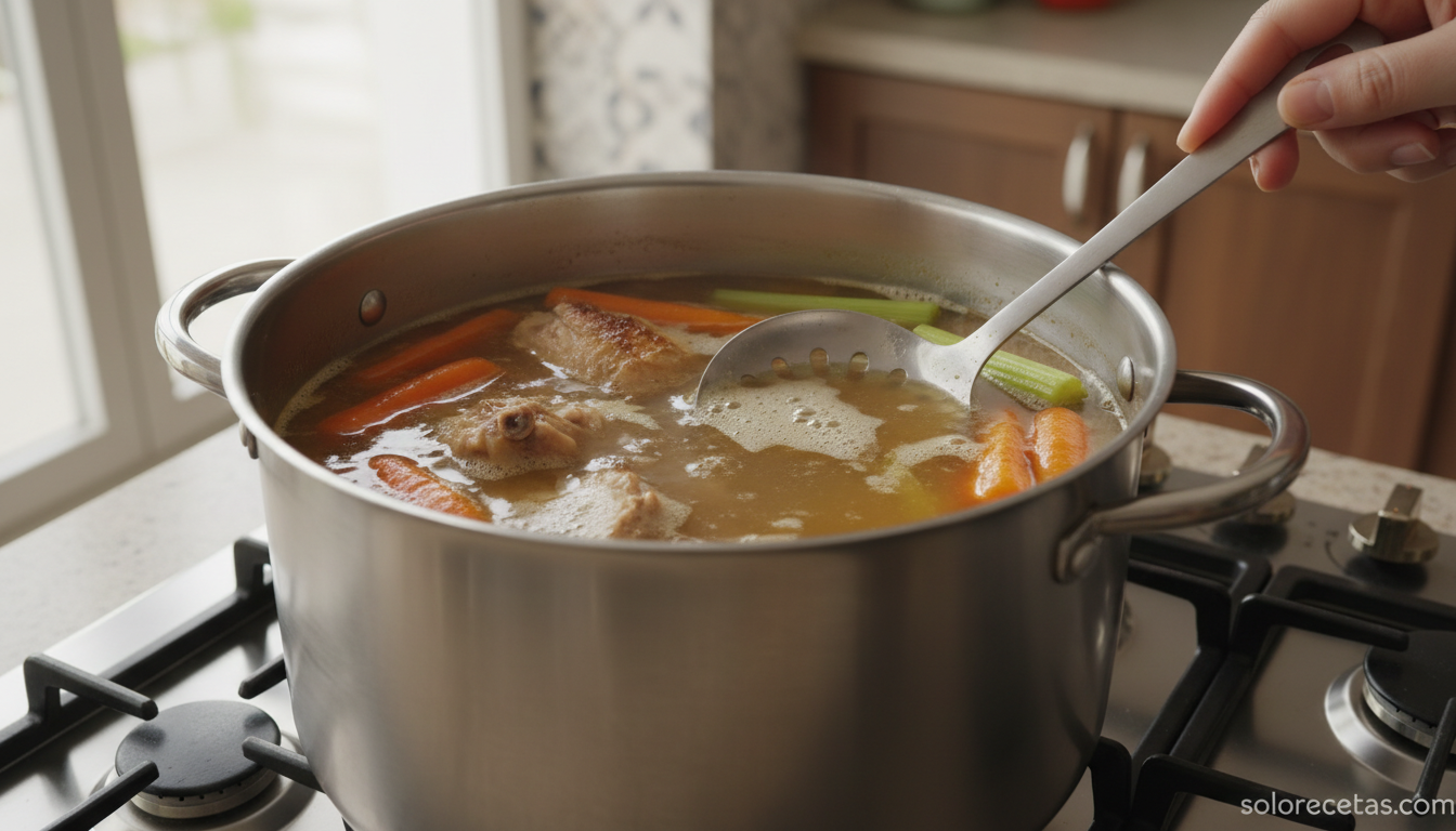 Olla con caldo de ave cociendo a fuego lento con espuma siendo retirada