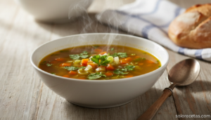 Bol de caldo de ave casero dorado con perejil picado y cuchara de madera