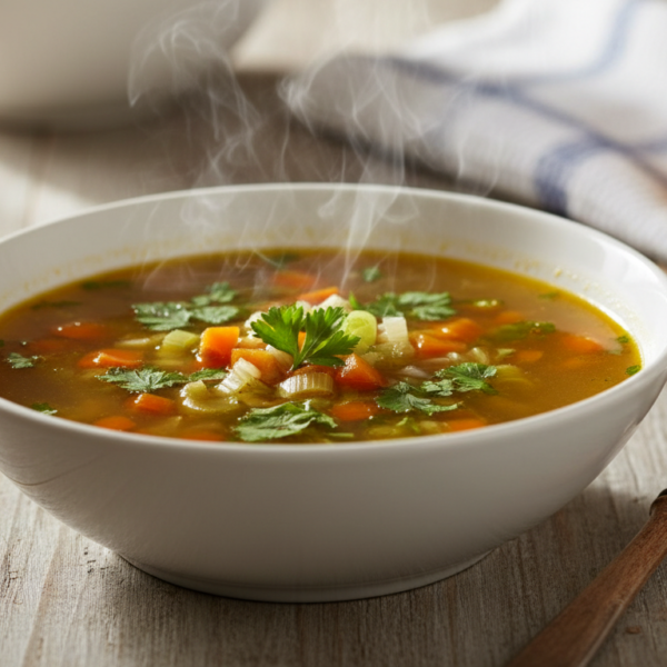 Bol de caldo de ave casero dorado con perejil picado y cuchara de madera