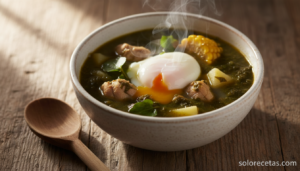Plato de caldo de berros canario con huevo escalfado, pollo y millo