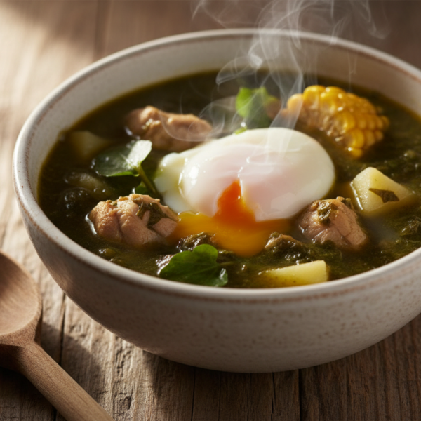 Plato de caldo de berros canario con huevo escalfado, pollo y millo