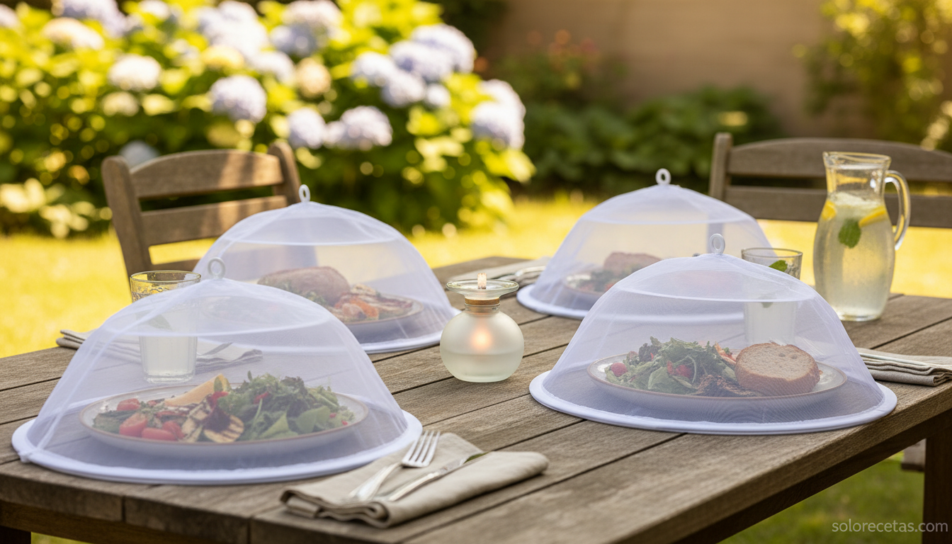 Mesa al aire libre con campana de malla protectora y difusor de citronela contra moscas