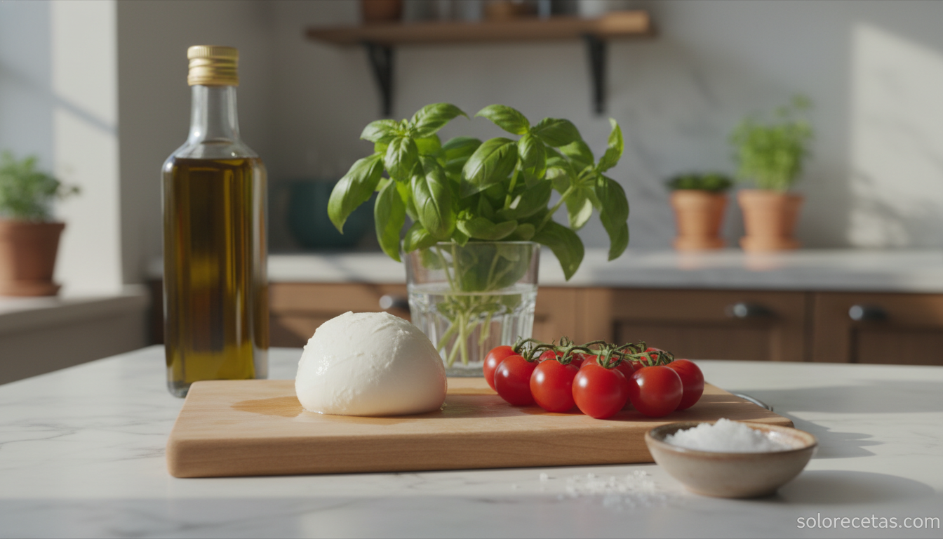Ingredientes para ensalada caprese: mozzarella, cherry y albahaca